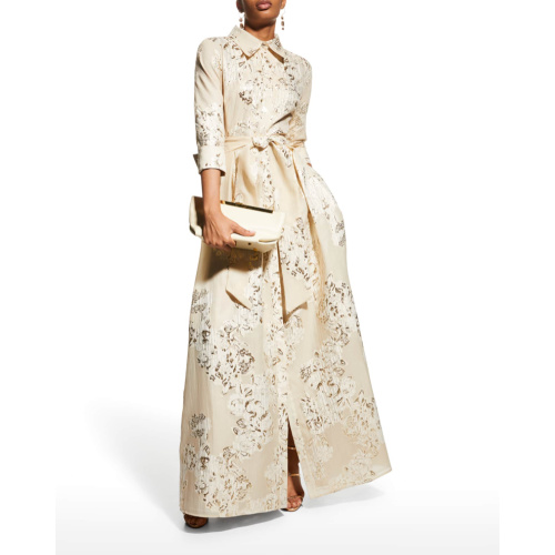 RICKIE FREEMAN FOR TERI JON Belted Jacquard Shirtdress Gown 207015 at Helen Ainson Darien CT 06820