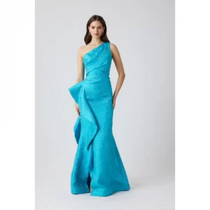 Teri Jon Jacquard Side Ruffle One Shoulder Gown - Helen Ainson Teri Jon Jacquard Side Ruffle One Shoulder Gown - Helen Ainson