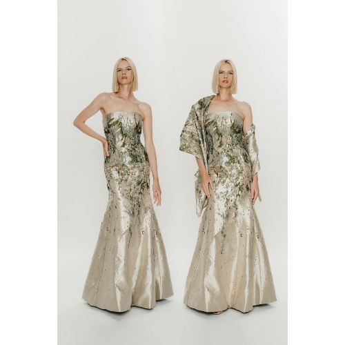 HYNES PARK ABSTRACT FLORAL BROCADE STRAPLESS GOWN WITH MATCHING STOLE AT HELEN AINSON