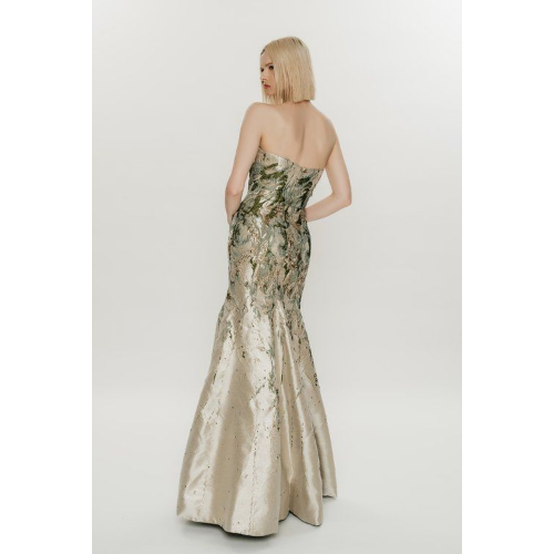 HYNES PARK ABSTRACT FLORAL BROCADE STRAPLESS GOWN WITH MATCHING STOLE AT HELEN AINSON