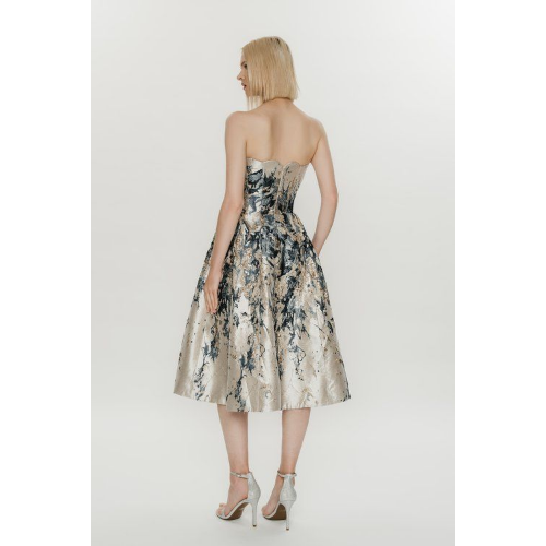 HYNES PARK ABSTRACT FLORAL PATTERN BROCADE STRAPLESS COCKTAIL DRESS AT HELEN AINSON