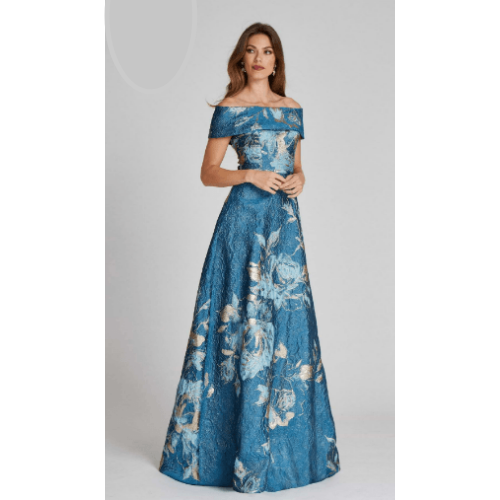 Teri Jon Large Floral Pattern Jacquard Off the Shoulder Gown at Helen Ainson