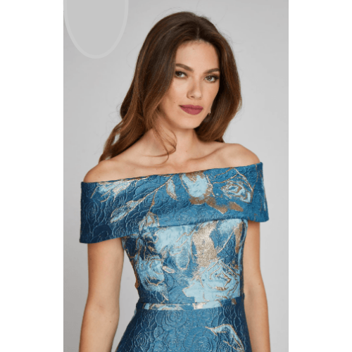 Teri Jon Large Floral Pattern Jacquard Off the Shoulder Gown at Helen Ainson