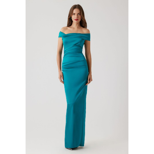 TERI JON SATIN RUCHED ASYMETRICAL OFF SHOULDER GOWN AT HELEN AINSON