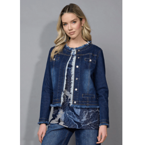 Picadilly Collarless Frayed Edge Denim Jacket at Helen Ainson