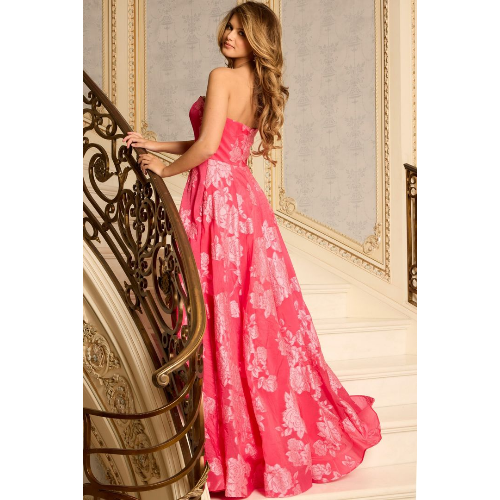 Jovani Strapless Jacquard Gown With Floral Embroidery at Helen Ainson