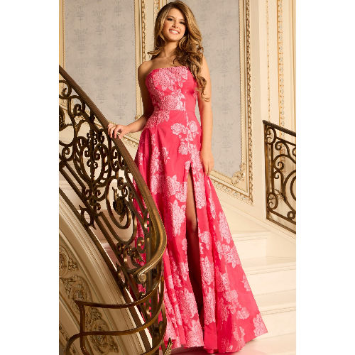 Jovani Strapless Jacquard Gown With Floral Embroidery at Helen Ainson