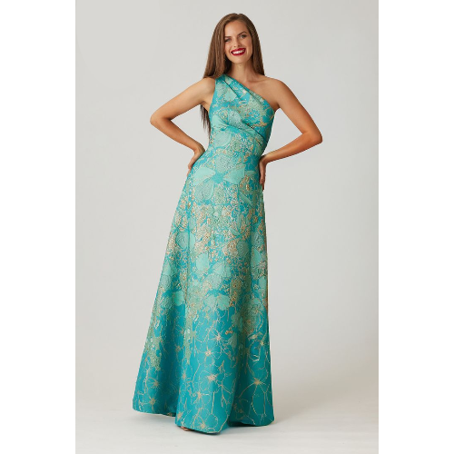 Teri Jon Metallic Jacquard Floral One Shoulder Gown at Helen Ainson