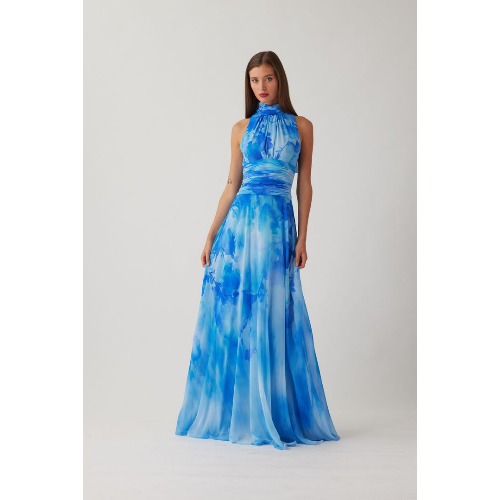Teri Jon Chiffon Cloud Print Mock Neck Halter Drop-Waist Gown at Helen Ainson