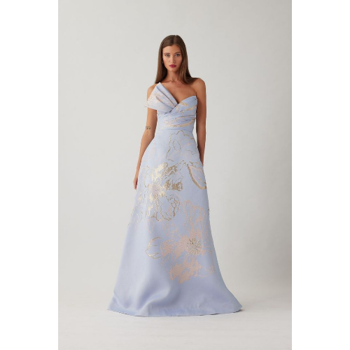 Teri Jon Metallic Jacquard Strapless Side Bow A-Line Skirt Gown at Helen Ainson