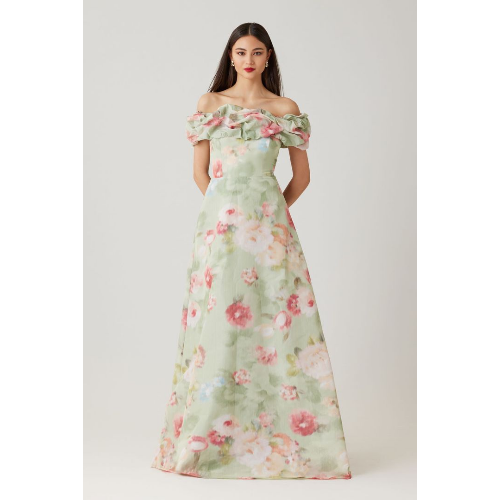 Teri Jon Taffeta Digital Print Scrunch Bodice Gown at Helen Ainson