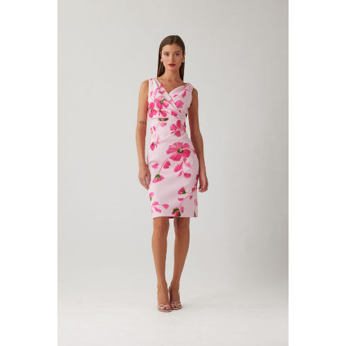 Teri Jon Stretch Mikado Surplus Top Floral Dress at Helen Ainson