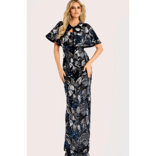 Jovani Sequin Floral Gown With Cape Overlay at Helen Ainson
