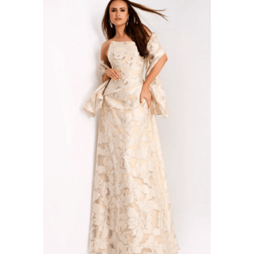 Jovani Elegant Strapless A-Line Gown with Floral Embroidery at Helen Ainson