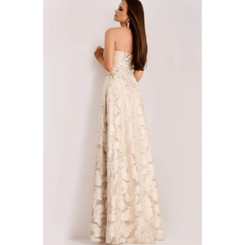 Jovani Elegant Strapless A-Line Gown with Floral Embroidery at Helen Ainson
