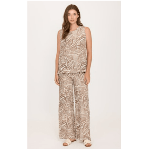 Pistache Light Woven Viscose Pants in Broken Geometric Leaf Pattern at Helen Ainson