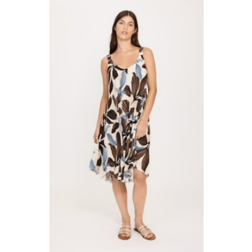 Pistache Sleeveless Light Woven Viscose V-Neck Sun Dress in Mocha/Blue Leaf Print at Helen Ainson