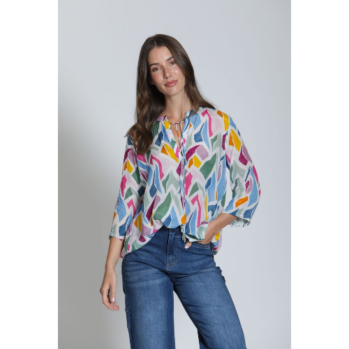 APNY V-Neck Printed Blouse with Tassel Tie at Helen Ainson