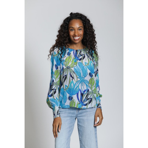 APNY Floral Print Pullover Blouse with Smocked Cuffs at Helen Ainson