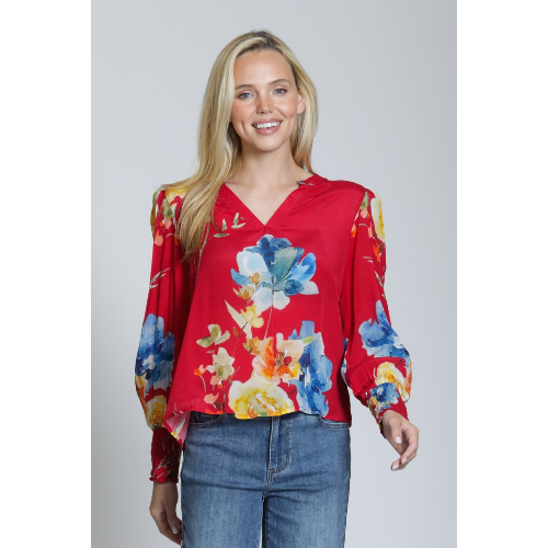 APNY Split-Neck Floral Blouse with Smocked Cuffs at Helen Ainson