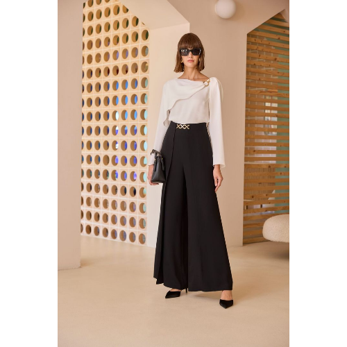 Carla Ruiz Draped One-Shoulder Blouse & Wide-Leg Trouser Set with Gold Belt at Helen Ainson