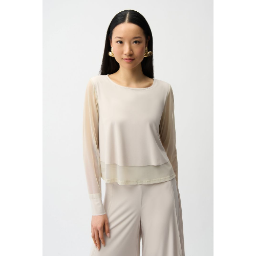 Joseph Ribkoff Silky Knit Crewneck Top With Mesh Sleeves and Layered Lining at Helen Ainson