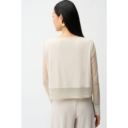 Joseph Ribkoff Silky Knit Crewneck Top With Mesh Sleeves and Layered Lining at Helen Ainson
