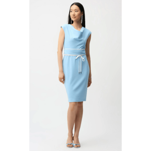 Joseph Ribkoff Scuba Crepe Sheath Dress With Cowl Neck and Belted Waist at Helen Ainson