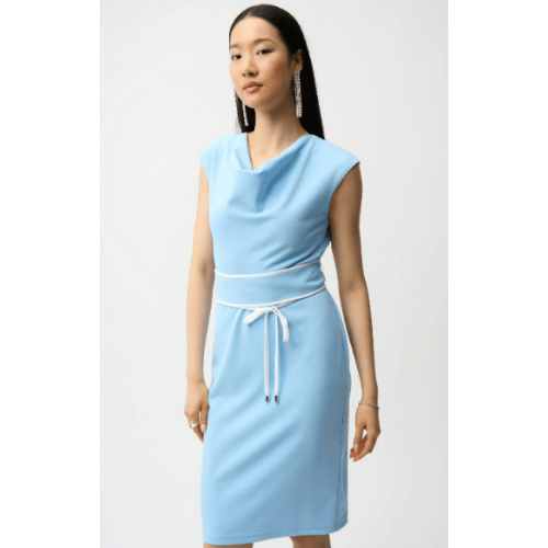 Joseph Ribkoff Scuba Crepe Sheath Dress With Cowl Neck and Belted Waist at Helen Ainson