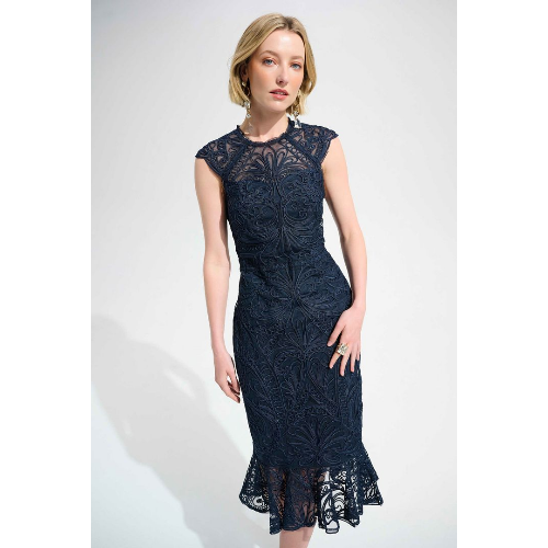 Joseph Ribkoff Guipure Soutache Trumpet Dress With Ruffle Hem at Helen Ainson