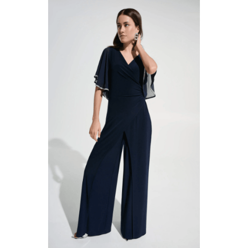Joseph Ribkoff Silky Knit Wrap Wide Leg Jumpsuit With Rhinestone Trim at Helen Ainson