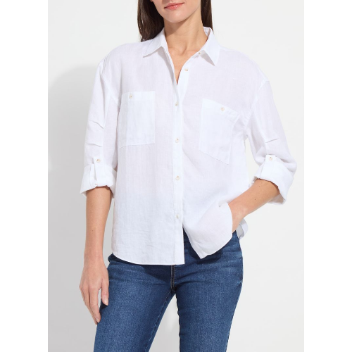 LYSSE rose roll tab utility linen shirt at Helen Ainosn