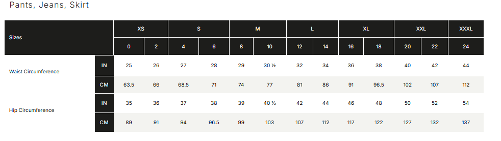 Joseph Ribkoff bottom size chart