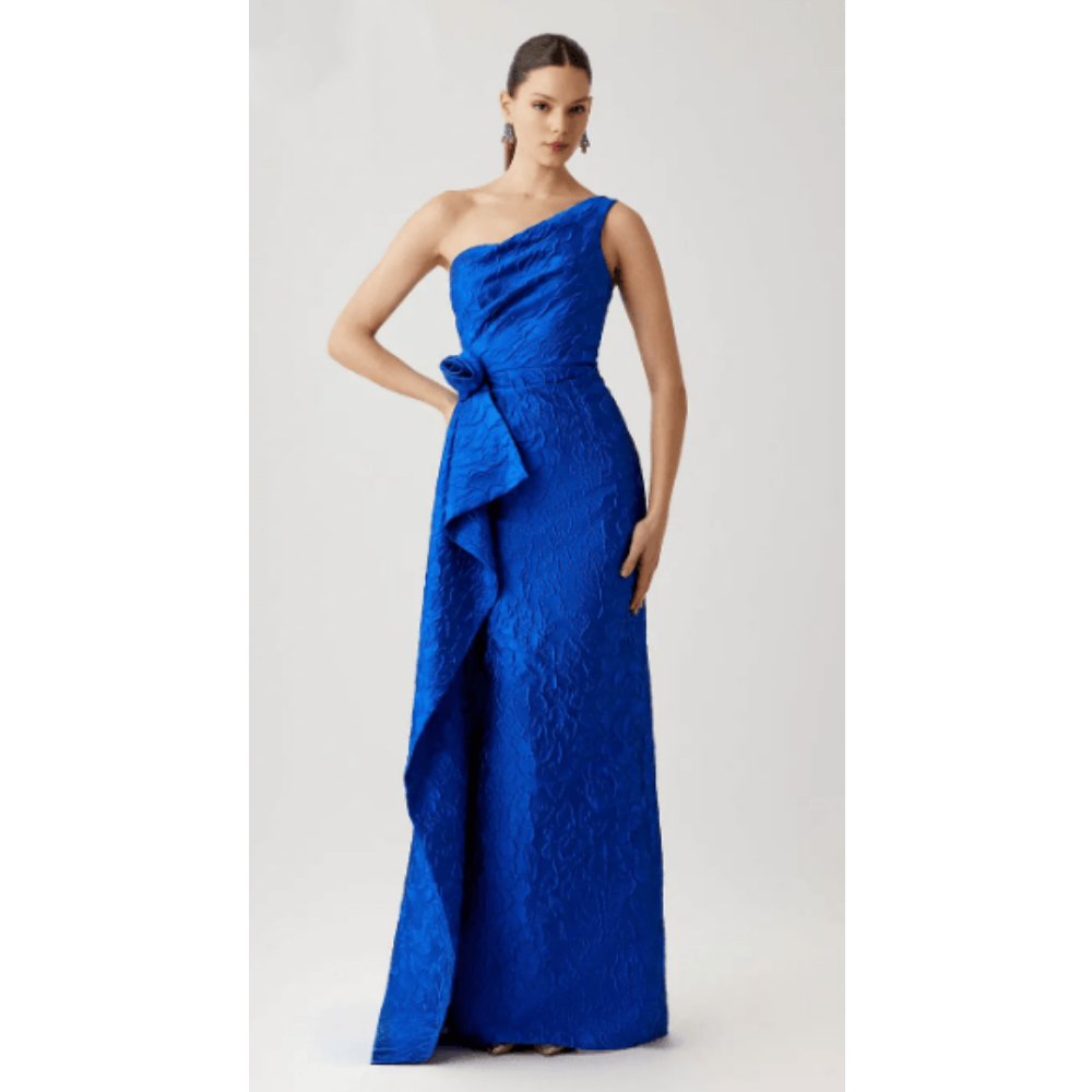 Teri Jon Tonal Jacquard One Shoulder Side Drape Self Flower Gown at Helen Ainson