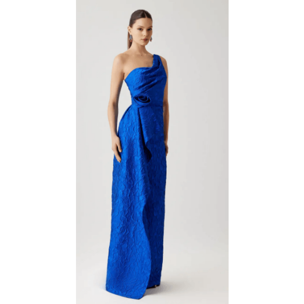 Teri Jon Tonal Jacquard One Shoulder Side Drape Self Flower Gown at Helen Ainson