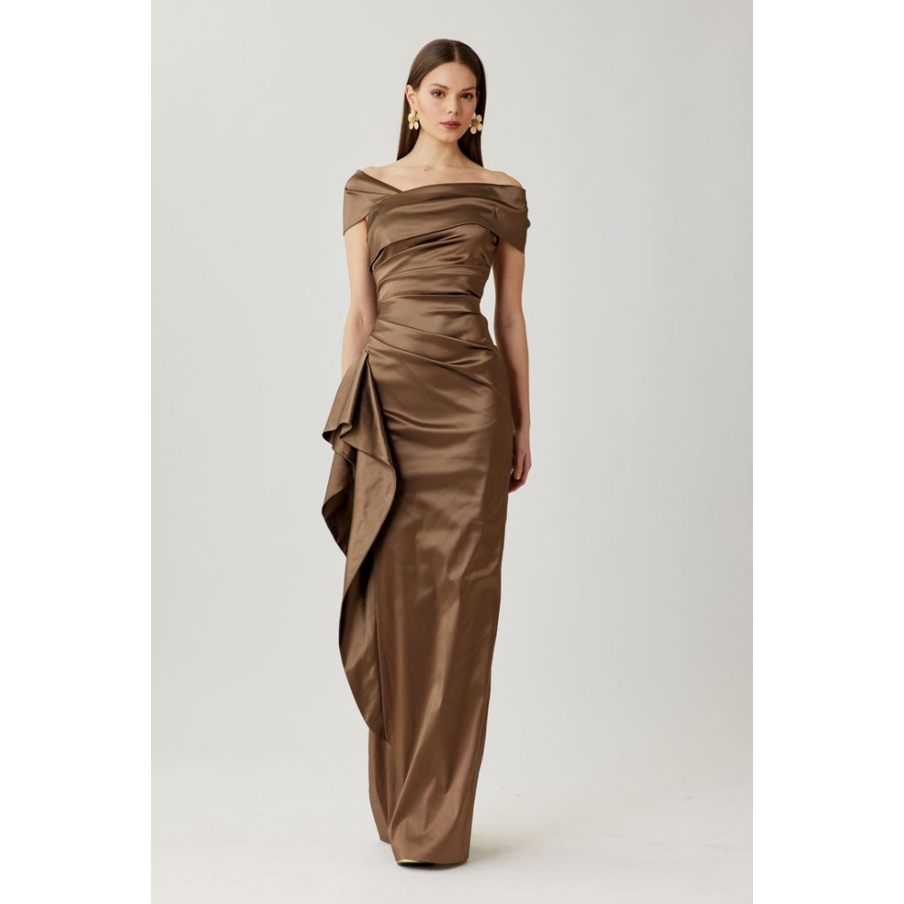Teri Jon Stretch Taffeta Asymmetric Off-Shoulder Side Ruffle Gown at Helen Ainson