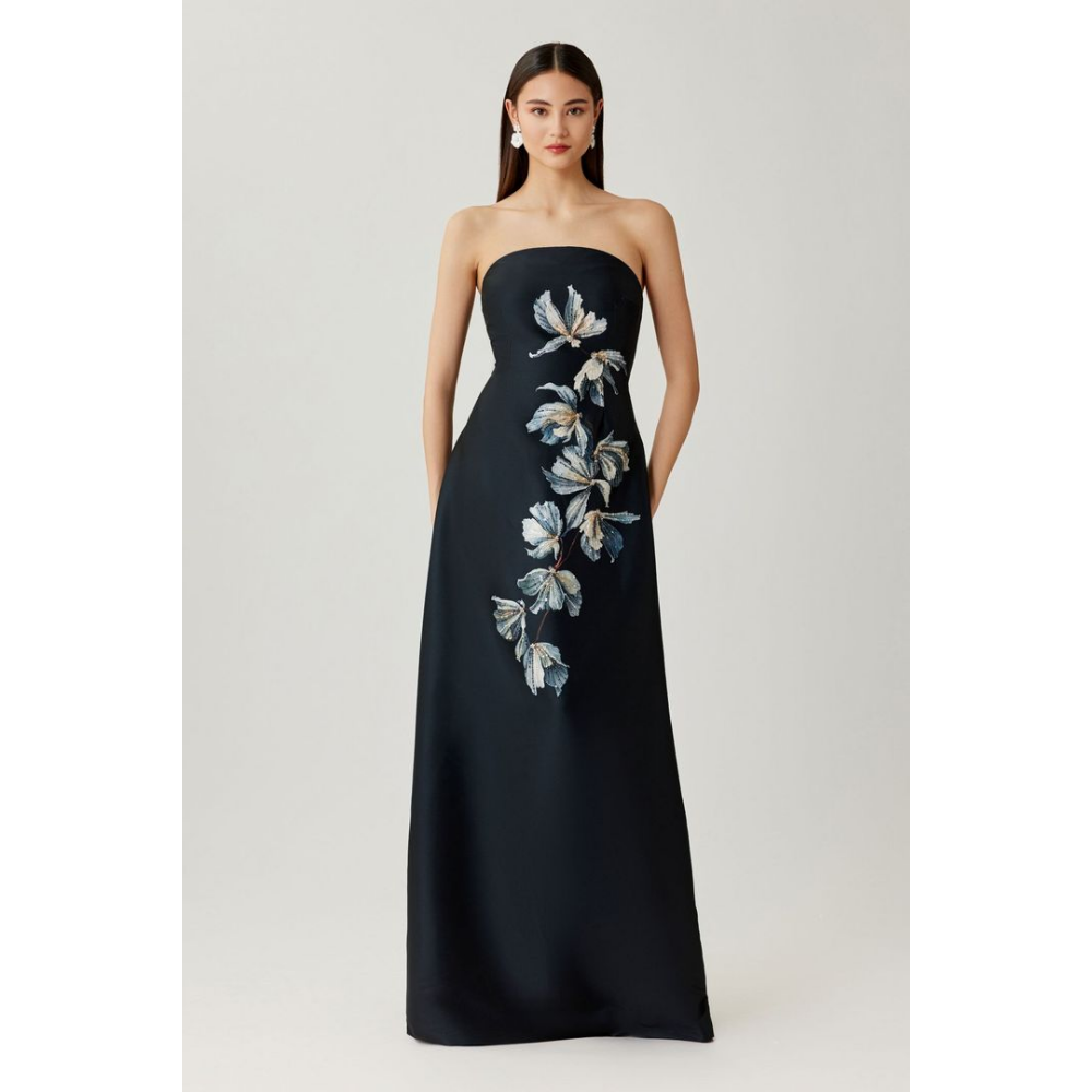 Teri Jon Mikado Strapless Beaded Floral Motif Gown at Helen Ainson