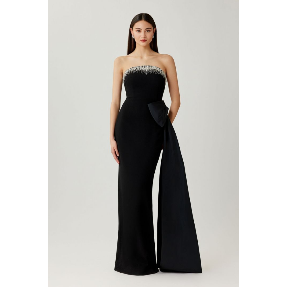 Teri Jon Crepe Strapless Bead Trim Taffeta Side Bow Gown at Helen Ainson