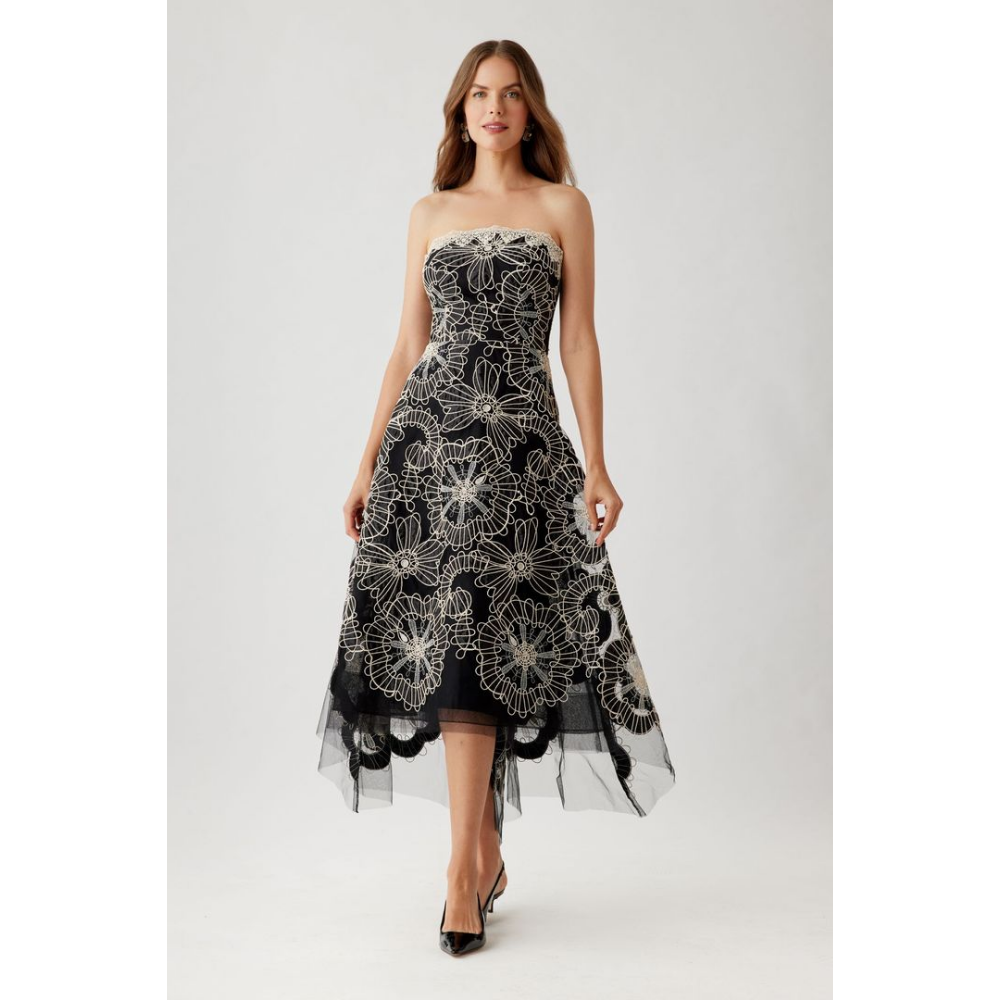 Teri Jon Re-Embroidered Tulle High-Low Tea-Length Dress at Helen Ainson