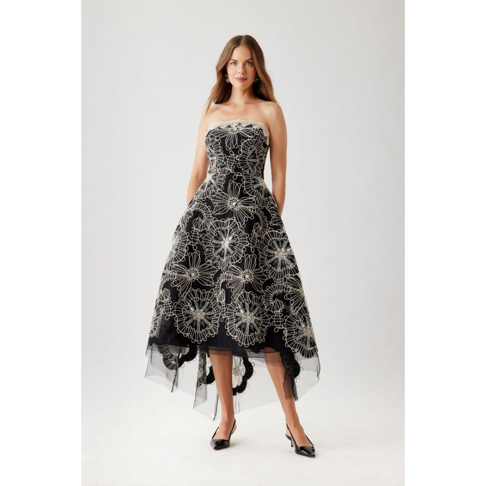 Teri Jon Re-Embroidered Tulle High-Low Tea-Length Dress at Helen Ainson