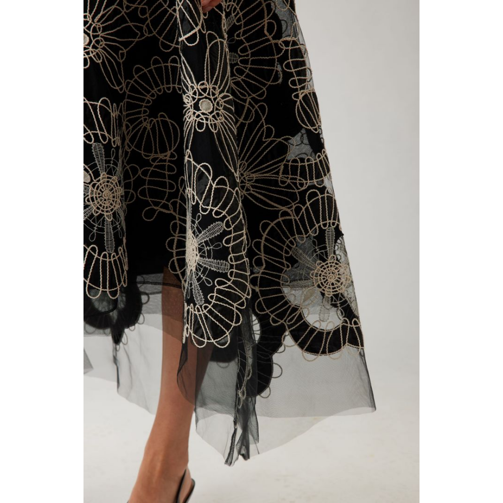 Teri Jon Re-Embroidered Tulle High-Low Tea-Length Dress at Helen Ainson