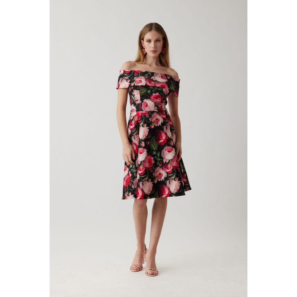 Teri Jon Mikado Off-Shoulder Floral Print Fit and Flare Dress at Helen Ainson