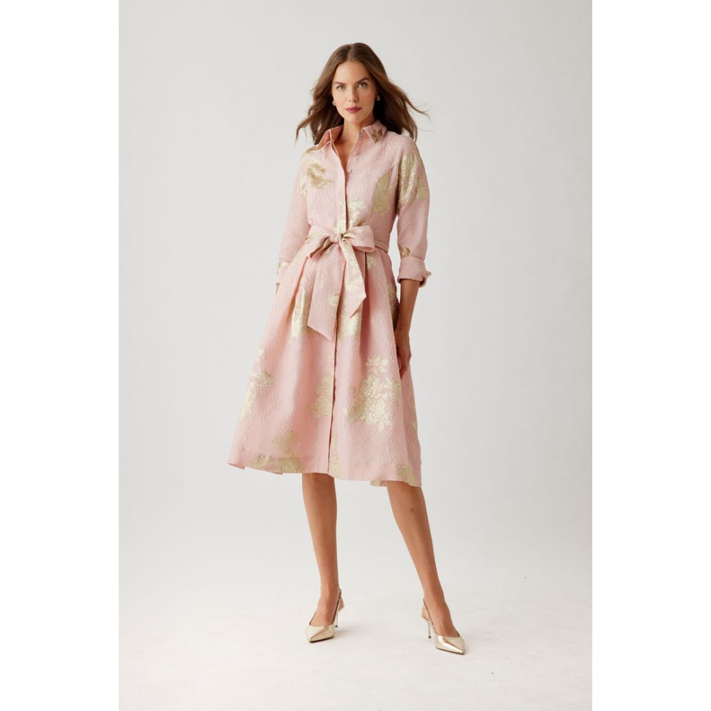 Teri Jon Metallic Floral Jacquard Shirtwaist Dress at Helen Ainson