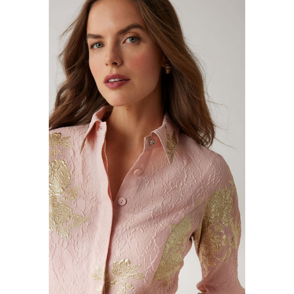 Teri Jon Metallic Floral Jacquard Shirtwaist Dress at Helen Ainson