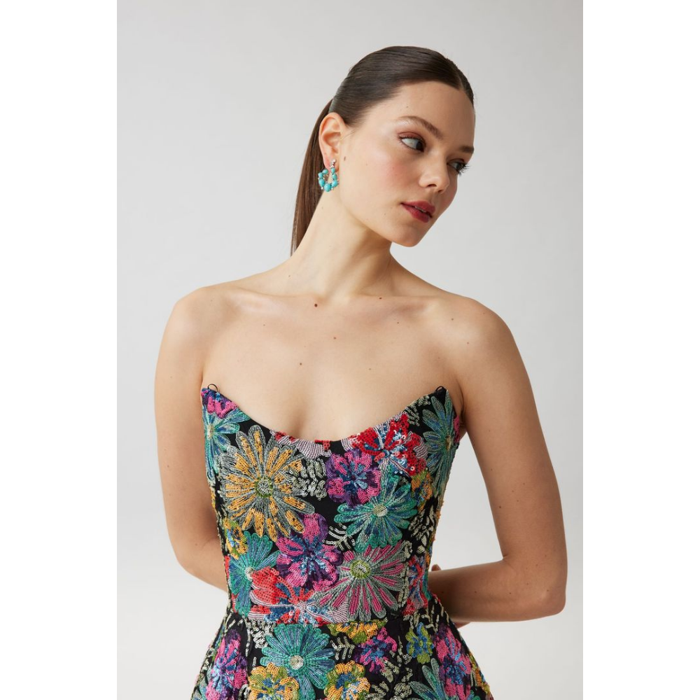 Teri Jon Floral Sequin Embroidered Tulle Strapless Dress at Helen Ainson