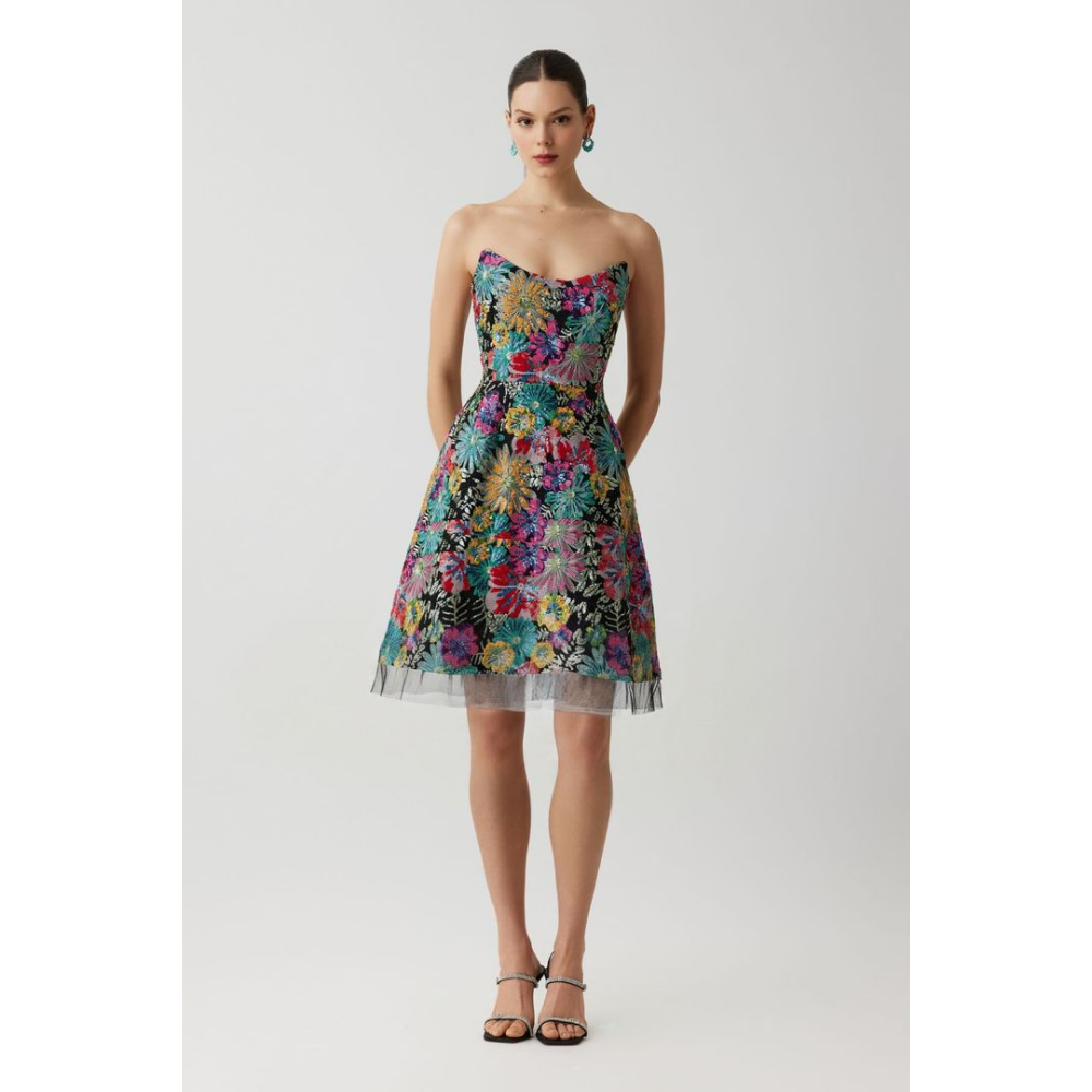 Teri Jon Floral Sequin Embroidered Tulle Strapless Dress at Helen Ainson