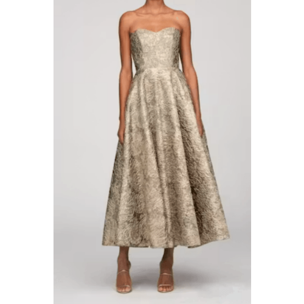 Theia Dakota Metallic Jacquard Gown at Helen Ainson