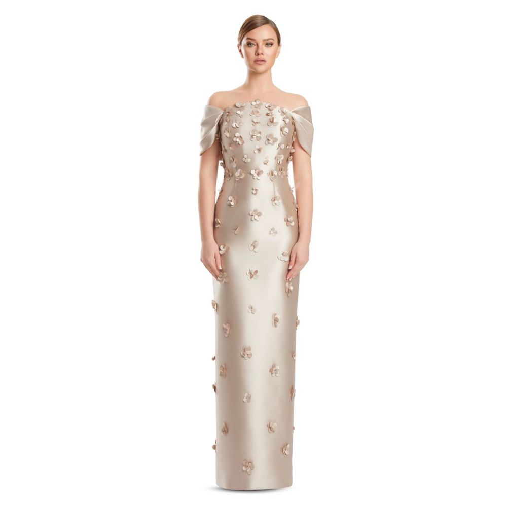 Alexander by Daymor Applique Gown with Detachable Off-Shoulder Sleeves at Helen Ainson