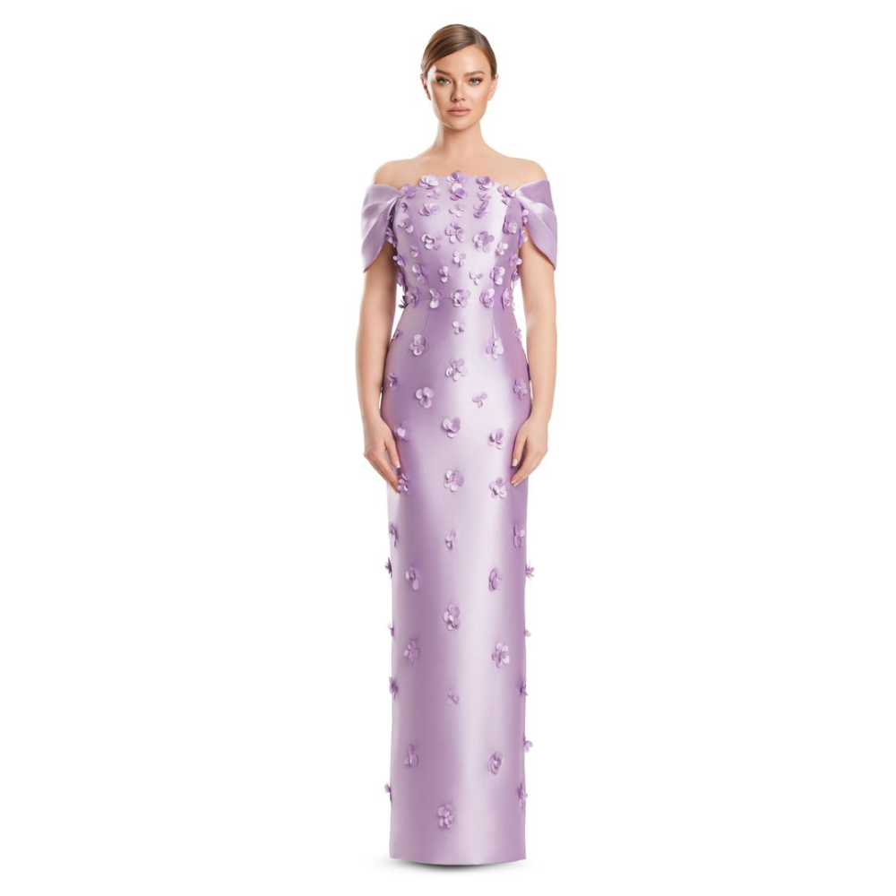 Alexander by Daymor Applique Gown with Detachable Off-Shoulder Sleeves at Helen Ainson