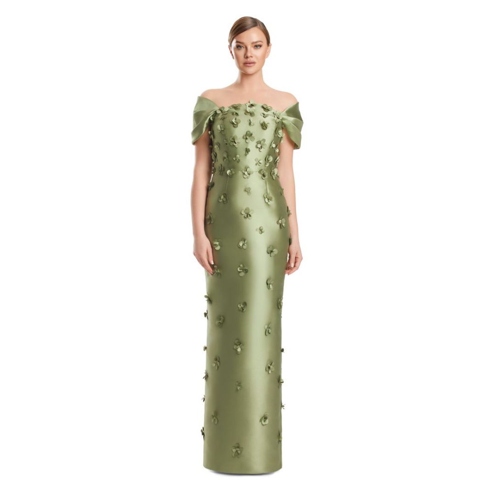 Alexander by Daymor Applique Gown with Detachable Off-Shoulder Sleeves at Helen Ainson